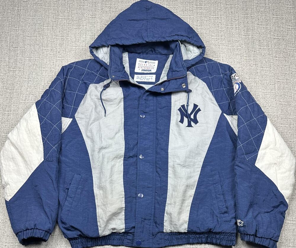 Vintage New York Yankees Jacket Mens Large Blue MLB Puffer Starter Hooded 90s